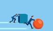© Rogatnev - Winning strategy business concept. Competition. Enterprising businessman pushes sphere. Behind are pushing heavy load. Direction to victory. Effective achievement.