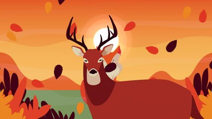 Poster - hello autumn animation with wild reindeer and fox scene