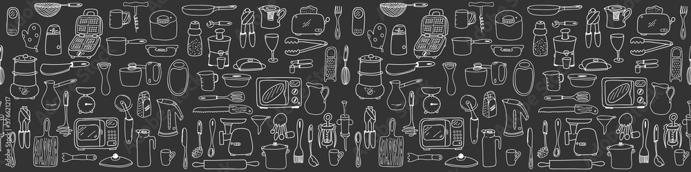 Seamless border with elements of kitchen utensils, utensils and appliances. Black-white background for menu design,brochures, web pages.Doodle illustration is hand drawn and isolated on dark.Vector