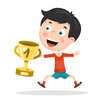 © handatko - Kid Holding First Place Gold Cup Award. Young Champion Vector Illustration.