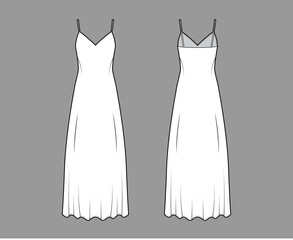 strap sun dress technical fashion illustration with deep v-neck, maxi ancle length, loose shape, sem
