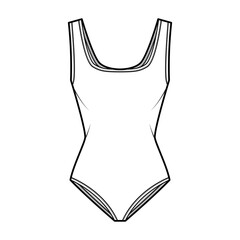 Sticker - Stretch bodysuit technical fashion illustration with square neckline, wide straps medium brief coverage. Flat outwear one-piece apparel template front white color. Women men unisex swimsuit CAD mockup