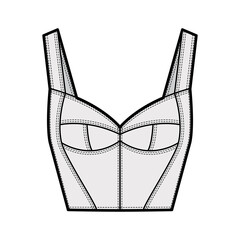 Sticker - Bustier top technical fashion illustration with corset-style silhouette, molded cups, close fit, back zip fastening. Flat apparel template front, grey color. Women men unisex shirt CAD mockup