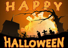 Scary Halloween Scene With Lettering Happy Halloween, Moon In Shape Of Coronavirus, Old Tree And Cemetery. New Normal Concept. Covid-19 Concept.
