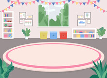 Children Room Flat Color Vector Illustration. Playroom. Nursery-school. Kindergarten. Recreation, Rumpus Room. 2D Cartoon Interior With Toys, Bookshelves, Pink Carpet And Big Window On Background