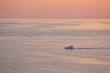 © oleg_chumakov - Nature landscape. Panoramic view of sea sunset. Yacht floating in ocean. Cloudless sky and golden hour, copy space