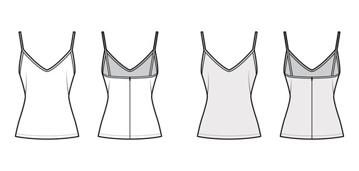 Wall Mural - Camisole slip top technical fashion illustration with sweetheart neck, thin straps, slim fit, back zip fastening. Flat outwear tank template front, back, white, grey color. Women men unisex CAD mockup