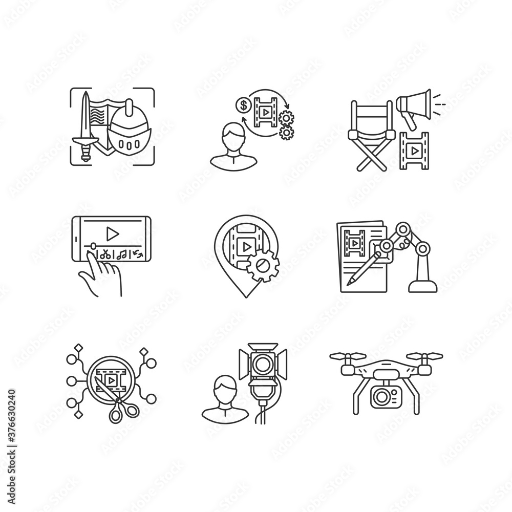 Film making process linear icons set. Theatrical prop for historical ...