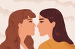 Female characters looking at each other. Portrait of lesbian couple in love. Concept of female tenderness and passion. LGBT romantic relationship in flat vector cartoon illustration