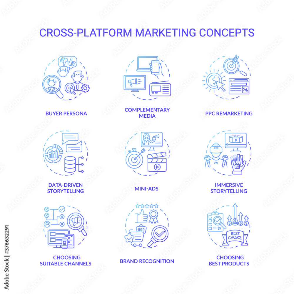 Cross-platform marketing concept icons set. Brand building. Advertising ...