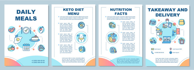 Nutrition facts brochure template. Keto diet menu order. Flyer, booklet, leaflet print, cover design with linear icons. Vector layouts for magazines, annual reports, advertising posters