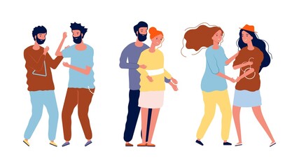 Wall Mural - Different couples. LGBT, lesbian and gays, homosexual and heterosexual people. Men women in love, happy friends and families vector illustration. Lgbt homosexual couple, lesbian love and gay together