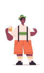 Wall Mural - guy waiter holding beer mug Oktoberfest party concept african american man in german traditional clothes having fun full length isolated vertical vector illustration