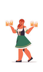 Wall Mural - girl waitress holding beer mugs Oktoberfest party concept happy woman in german traditional clothes having fun full length isolated vertical vector illustration