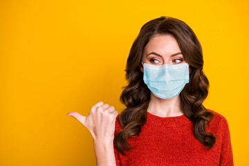 Canvas Print - Close-up portrait of her she healthy wavy-haired girl wearing safety gauze mask showing copy space mers cov infection pandemia info poster isolated bright vivid shine vibrant yellow color background