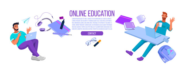 Wall Mural - Online education vector illustration with levitating men students, laptops, books, stationery. Virtual meeting or internet communication banner. Online education or teamwork concept in flat style