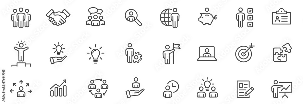 Business people line icons set. Team work. Outline icons collection - stock vector. - obrazy, fototapety, plakaty 
