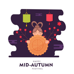 Poster - Happy Mid-Autumn Festival Poster Design with Cartoon Chinese Girl Holding Moon Cake, Flower Branch and Hanging Lanterns on Purple and White Background.