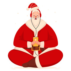 Sticker - Santa Claus holding smartphone and listen to music from headphone on white background.