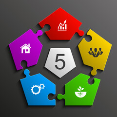 Fototapete - Five sided 3d puzzle presentation infographic template with explanatory text field for business statistics