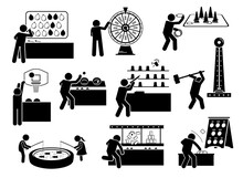 Carnival Games And Theme Park Activities Stick Figures Icons. Vector Illustrations Of People Playing Funfair Games At Booth.