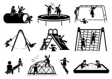 Active Children Playing At Playground Stick Figures Icons. Vector Illustrations Of Kids Playing Trampoline, Monkey Bar, Swing, Slide, Climbing Net, Seesaw, Tunnel, And Sand Box.