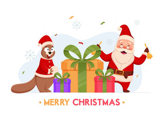 Wall Mural - Cheerful Santa Claus Holding Bells with Gift Boxes and Cartoon Squirrel on White and Blue Snowflakes Background for Merry Christmas.