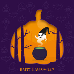 Sticker - Happy Halloween Celebration Poster Design with Cartoon Ghost Wear Witch Hat and Cauldron on Paper Cut Forest Background.