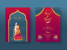 Indian Wedding Invitation Card Design With Couple Character And Venue Details In Front And Back View.