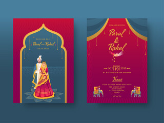 Sticker - Indian Wedding Invitation Card Design with Couple Character and Venue Details in Front and Back View.