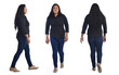 © Curto - side, front and back view of a same latin american women walking on white background