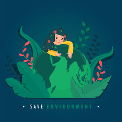 Wall Mural - Illustration of Cute Girl Hugging Earth Globe with Paper Cut Leaves on Blue Background for Save Environment Concept.