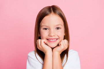 Sticker - Close-up portrait of her she nice-looking attractive lovely kind sweet cute cheerful cheery foxy ginger pre-teen girl enjoying good mood isolated on pink pastel color background