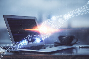 double exposure of desktop computer and technology theme hologram. concept of software development.