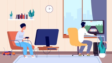 Gamers at room. Couple play video games, digital entertainment addiction. Stay home, man woman spend time fun vector illustration. Woman and man gamer game with joystick