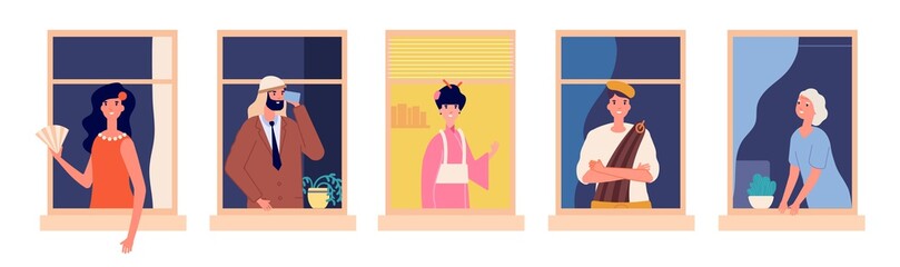 Wall Mural - International friendly neighbors. Multicultural apartment house, people nationality in windows. Man woman characters stay home vector illustration. Neighborhood happy, group character neighbor