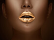 © Subbotina Anna - Golden lipstick closeup. Liquid metal dripping from gold lips. Beautiful makeup. Sexy lips, bright liquid paint on beauty model girl's mouth, close-up. Lipstick.