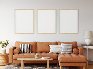 Frame & poster mockup in Boho style interior. 3d rendering, 3d illustration
