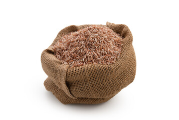 Wall Mural - organic brown rice in sack on white background