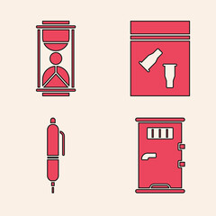 Sticker - Set Prison cell door, Old hourglass with sand, Evidence bag and bullet and Pen icon. Vector.