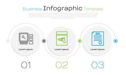 Poster - Set line Search on computer screen, Evidence bag and pistol or gun and The arrest warrant. Business infographic template. Vector.