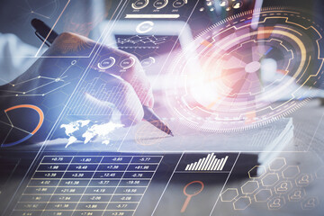 multi exposure of woman's hands on background with technology and digital coding icons. data develop