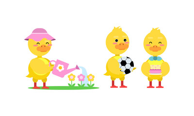 Wall Mural - Funny Yellow Duckling Watering Flowers and Holding Ball Vector Set