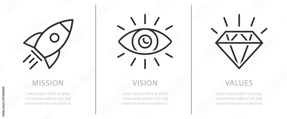 Simple flat icon for visualisation of Mission, Vision and Values of company - obrazy, fototapety, plakaty 