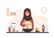 Arab woman cooking in kitchen. Smiling girl preparing homemade meals for lunch or dinner. Preparation homemade pastry or baking. Flat cartoon vector illustration.