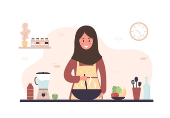 Arab woman cooking in kitchen. Smiling girl preparing homemade meals for lunch or dinner. Preparation homemade pastry or baking. Flat cartoon vector illustration.