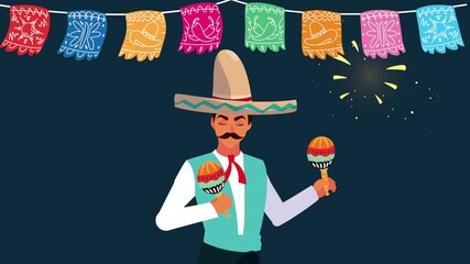 Sticker - mexico celebration animation with mariachi playing maracas and garlands