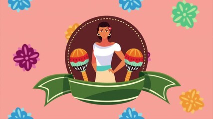 Sticker - mexico celebration animation with beautiful woman and maracas