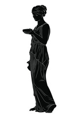 A young slender ancient Greek woman stands and holds a jug of wine and a bowl.