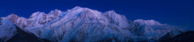 Mont Blanc Massif At Twilight With Alpine Afterglow. Aiguille Du Midi Needle, Bossons Glacier, Mont Blanc Mountain Range. Chamonix, Haute-Savoie (74), Alps, France